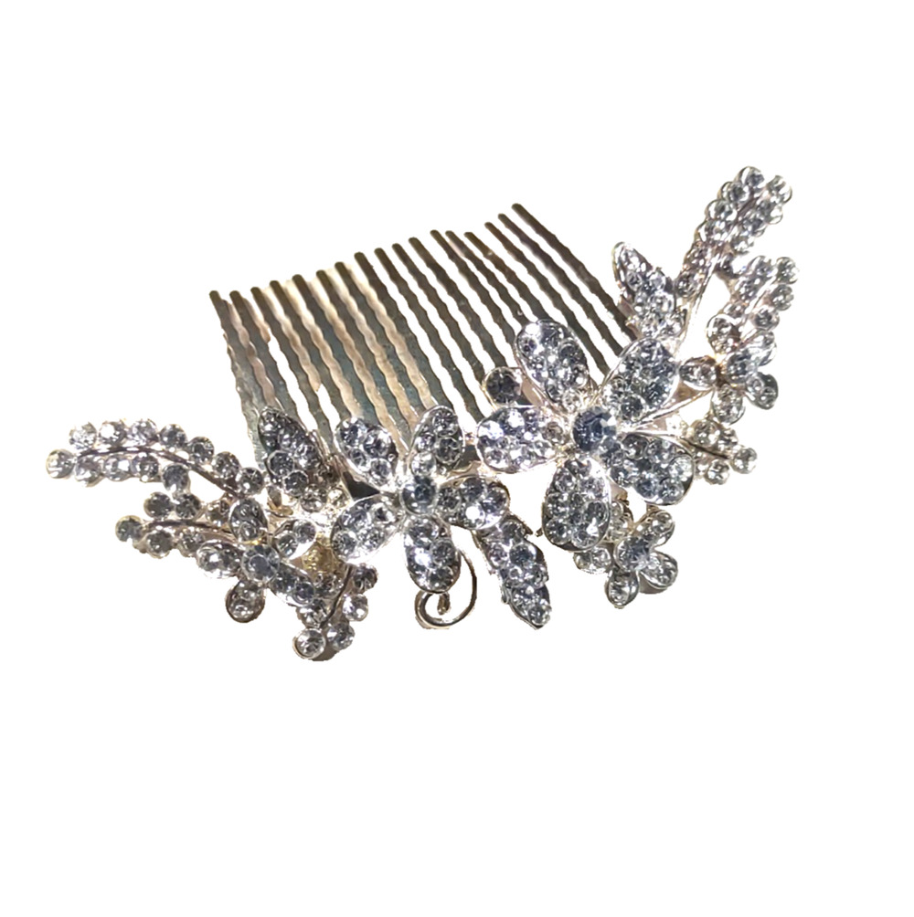 Hair Comb Barrette Rhinestone Gold Tone Floral Design Large Prom Party Wedding